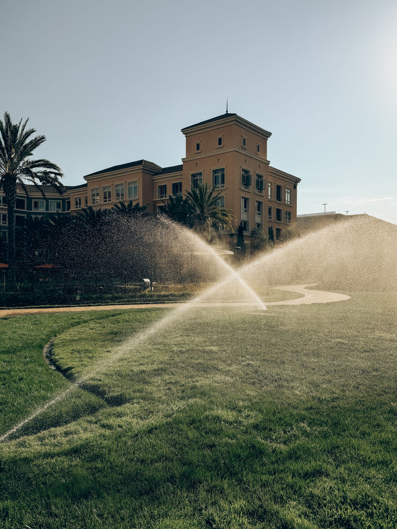 Commercial property at sunrise with irrigation zones running across a wide lawn